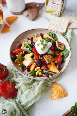Cinco de Mayo Tofu Power Salad with Corn, Red Beans + Crushed Nachos We’re Making Today