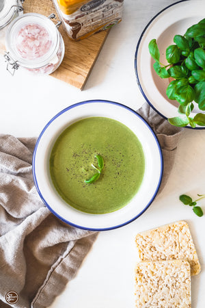 It's (Still) Soup Season: Make This Quick + Delish Roasted Asparagus Soup with Spinach and Sunflower Cream